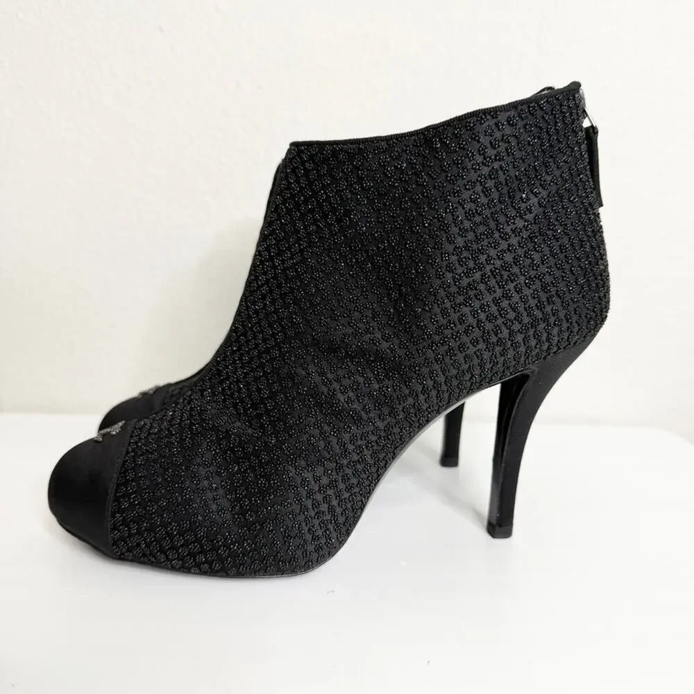 Chanel Beaded Ankle Booties Black Cap Toe Heels 38.5 CC Logo